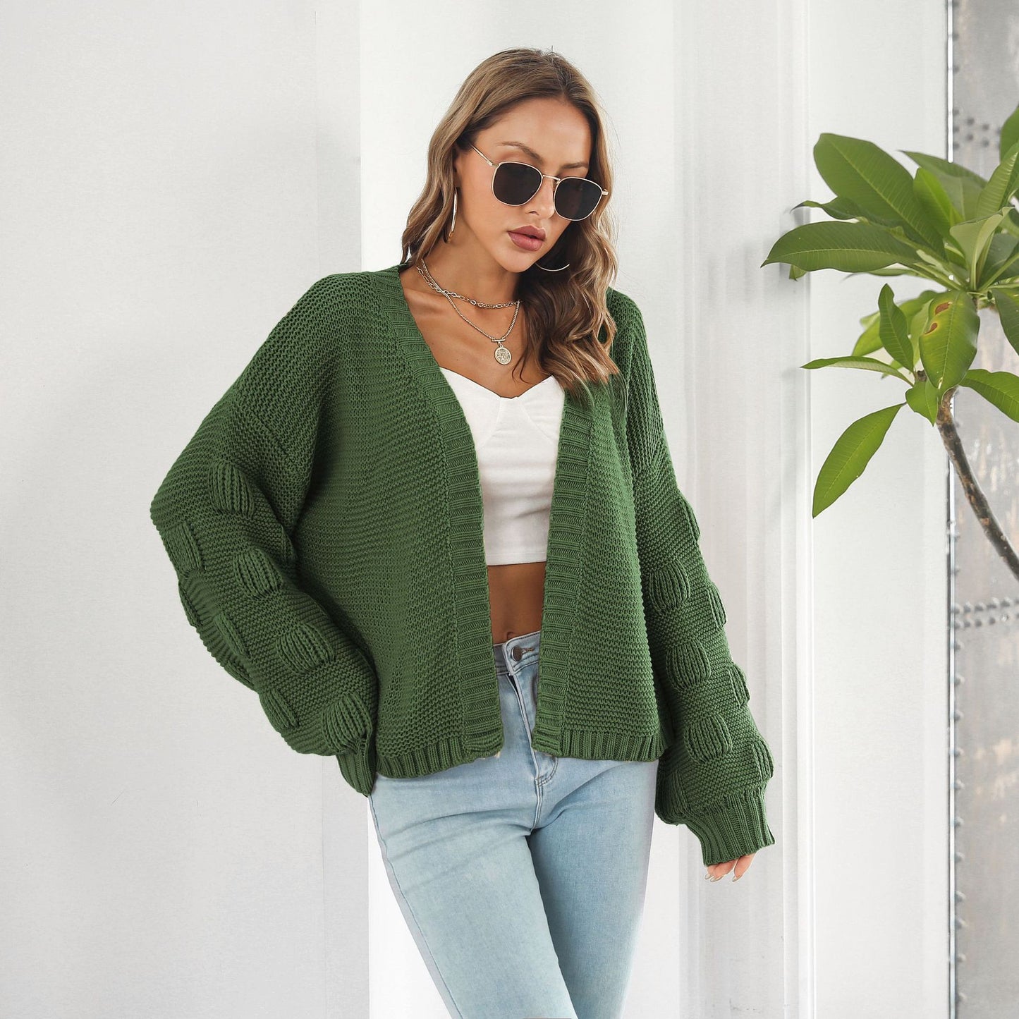 Women's Puff Sleeve Chunky Knit Cardigan Sweater