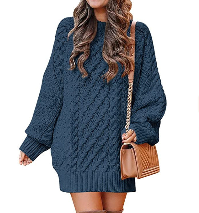 Women's Round Neck Long Sleeve Twisted Knit Mid-Length Sweater Dress