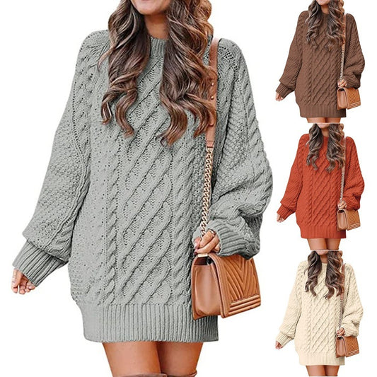 Women's Round Neck Long Sleeve Twisted Knit Mid-Length Sweater Dress