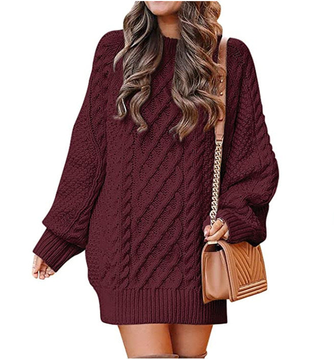 Women's Round Neck Long Sleeve Twisted Knit Mid-Length Sweater Dress