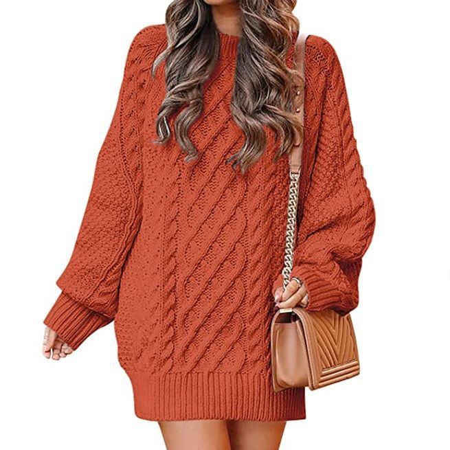 Women's Round Neck Long Sleeve Twisted Knit Mid-Length Sweater Dress