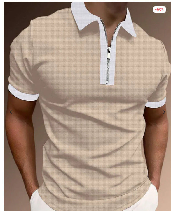 Foreign Trade Men's Printed Zipper Short Sleeve Solid Color Top T-shirt