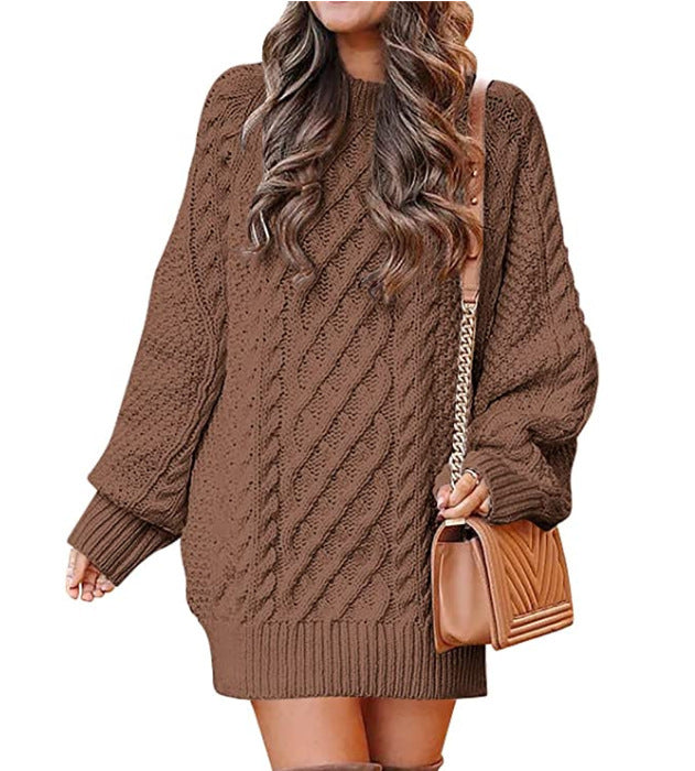 Women's Round Neck Long Sleeve Twisted Knit Mid-Length Sweater Dress