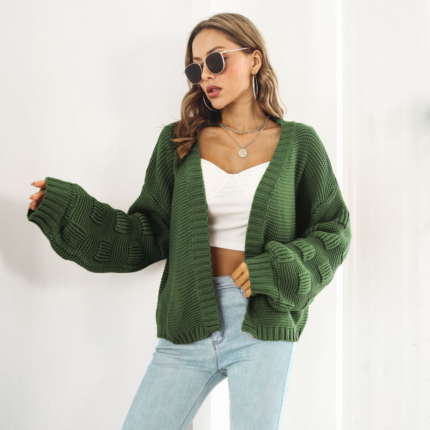 Women's Puff Sleeve Chunky Knit Cardigan Sweater