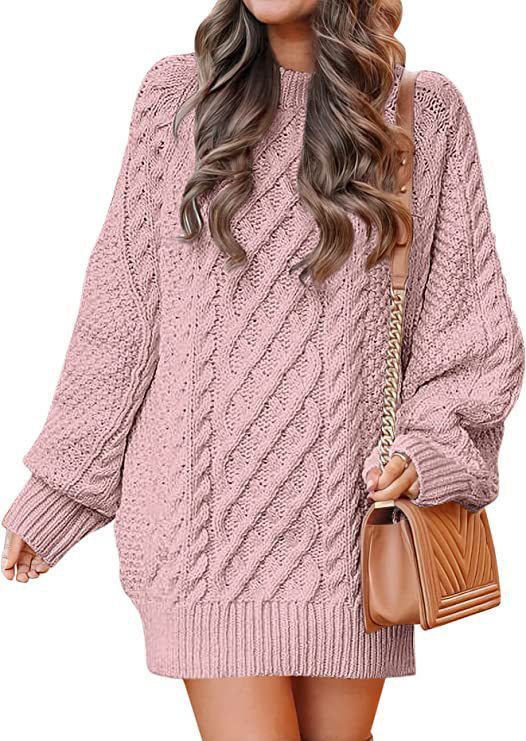 Women's Round Neck Long Sleeve Twisted Knit Mid-Length Sweater Dress