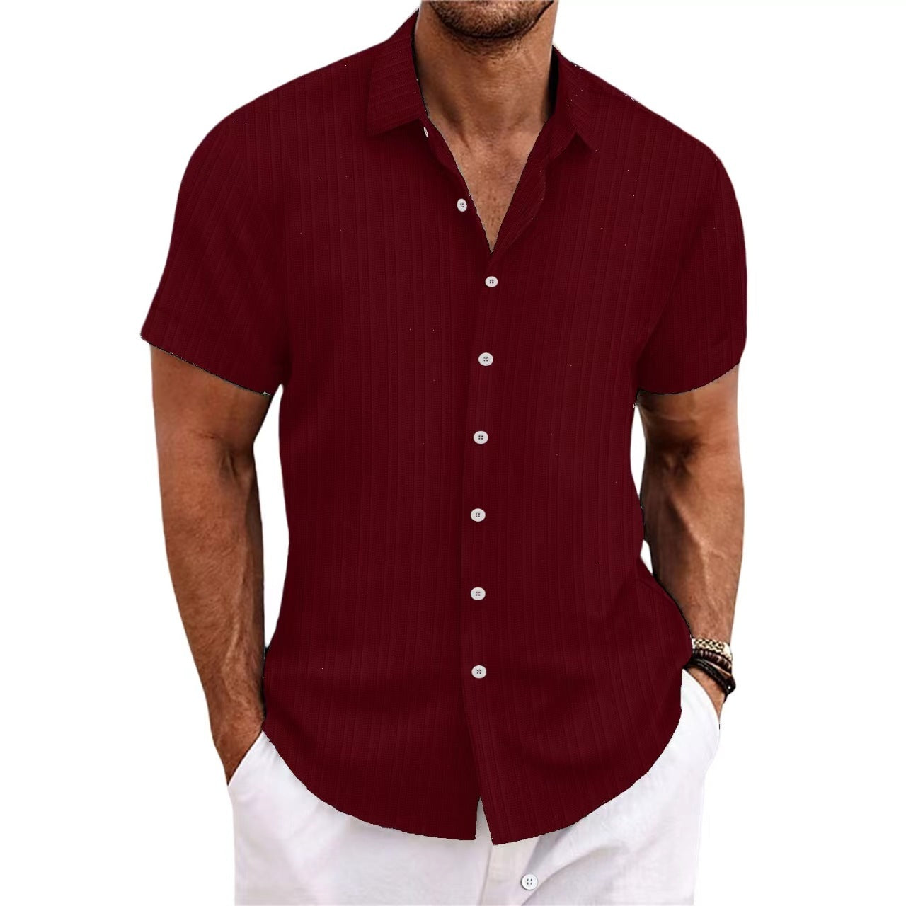 Cotton-Linen Striped Jacquard Short Sleeve Shirt