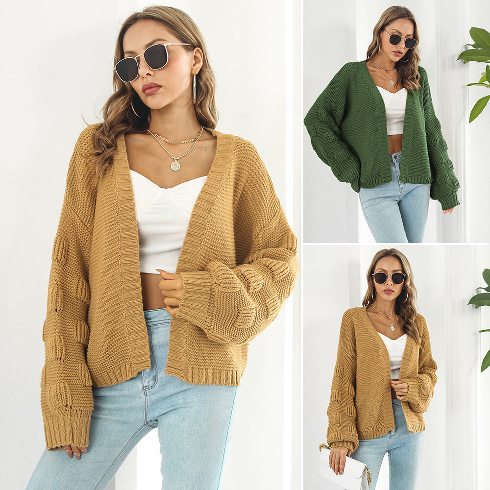 Women's Puff Sleeve Chunky Knit Cardigan Sweater