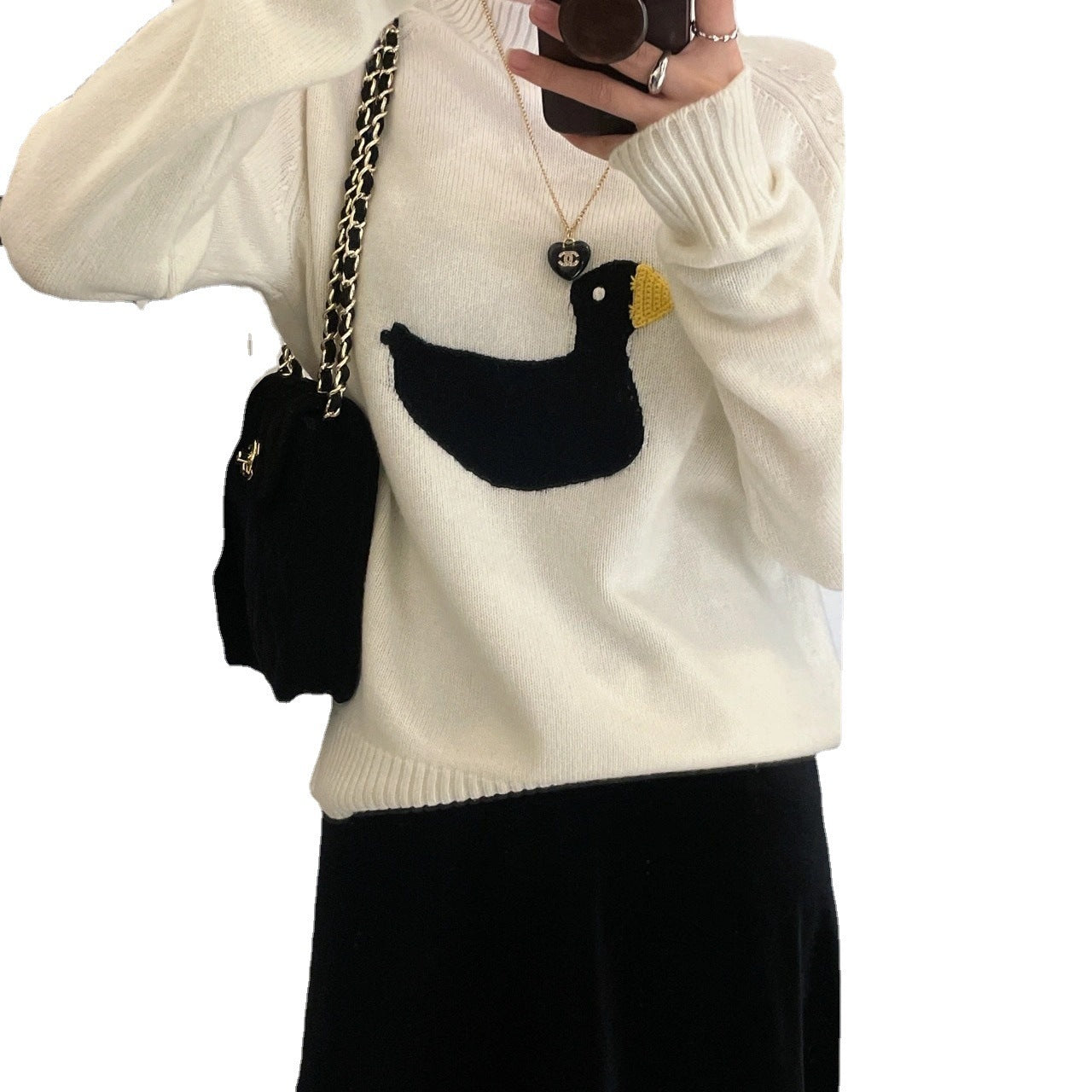 Cute Duckling Round Neck Sweater Texture Knitted Skirt Two-piece Suit