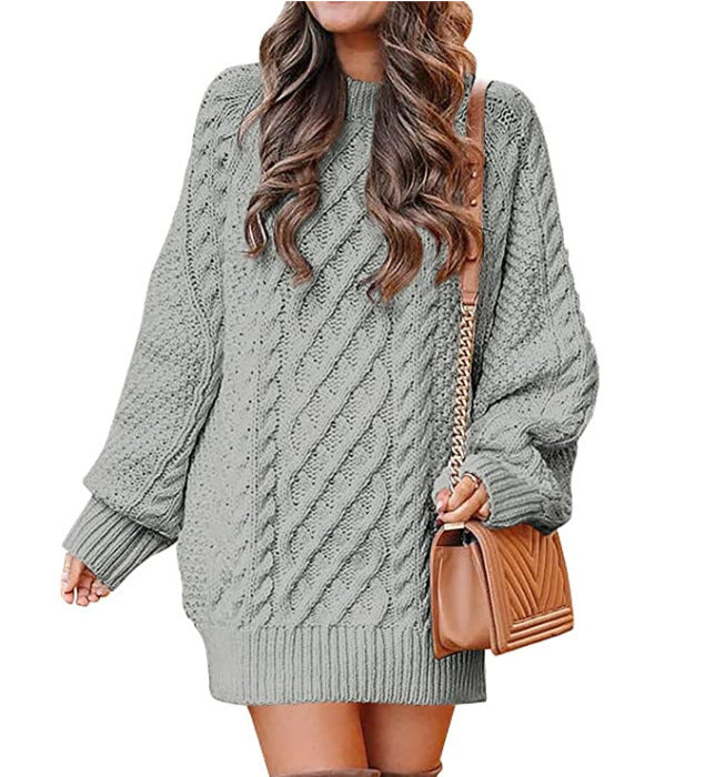 Women's Round Neck Long Sleeve Twisted Knit Mid-Length Sweater Dress