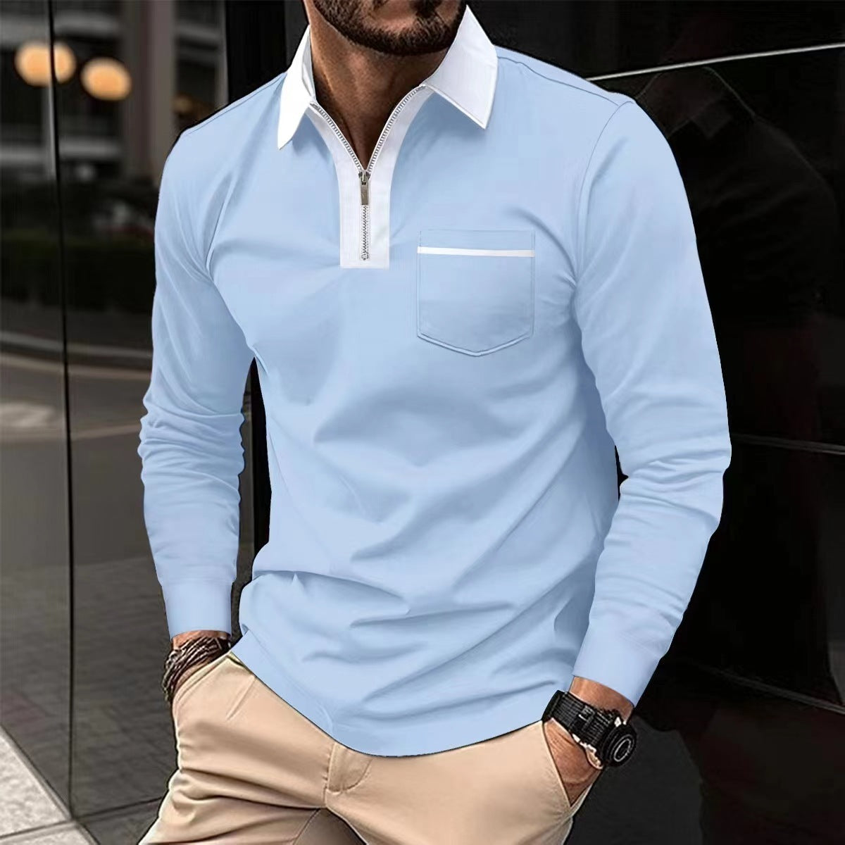 2024 Autumn Zipper Polo Shirt with Pockets