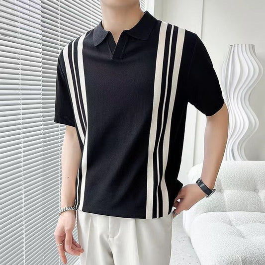 Men's Mixed Color Stripe Slim Lapel T-shirt