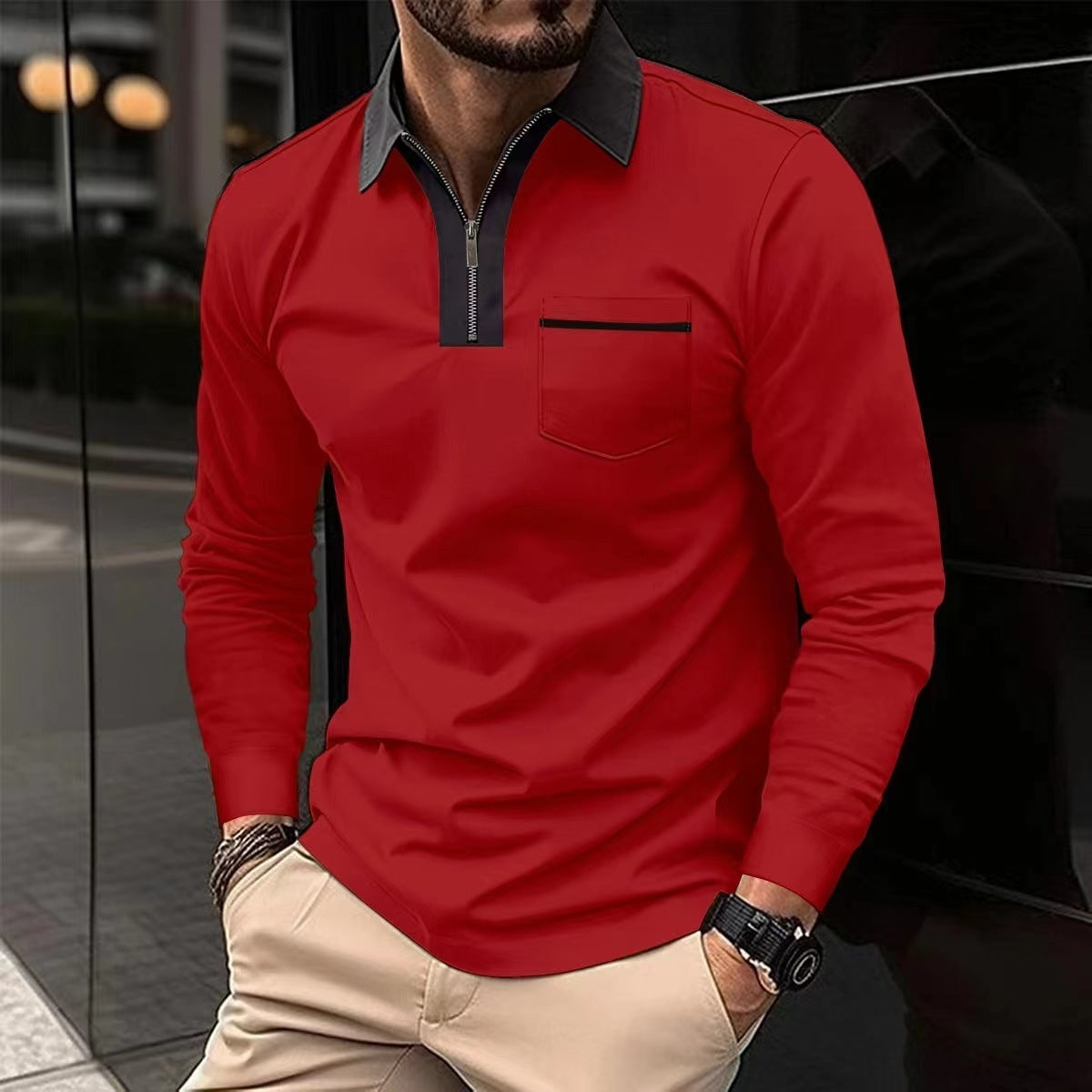 2024 Autumn Zipper Polo Shirt with Pockets