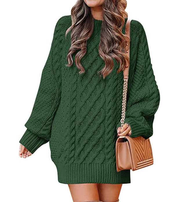 Women's Round Neck Long Sleeve Twisted Knit Mid-Length Sweater Dress