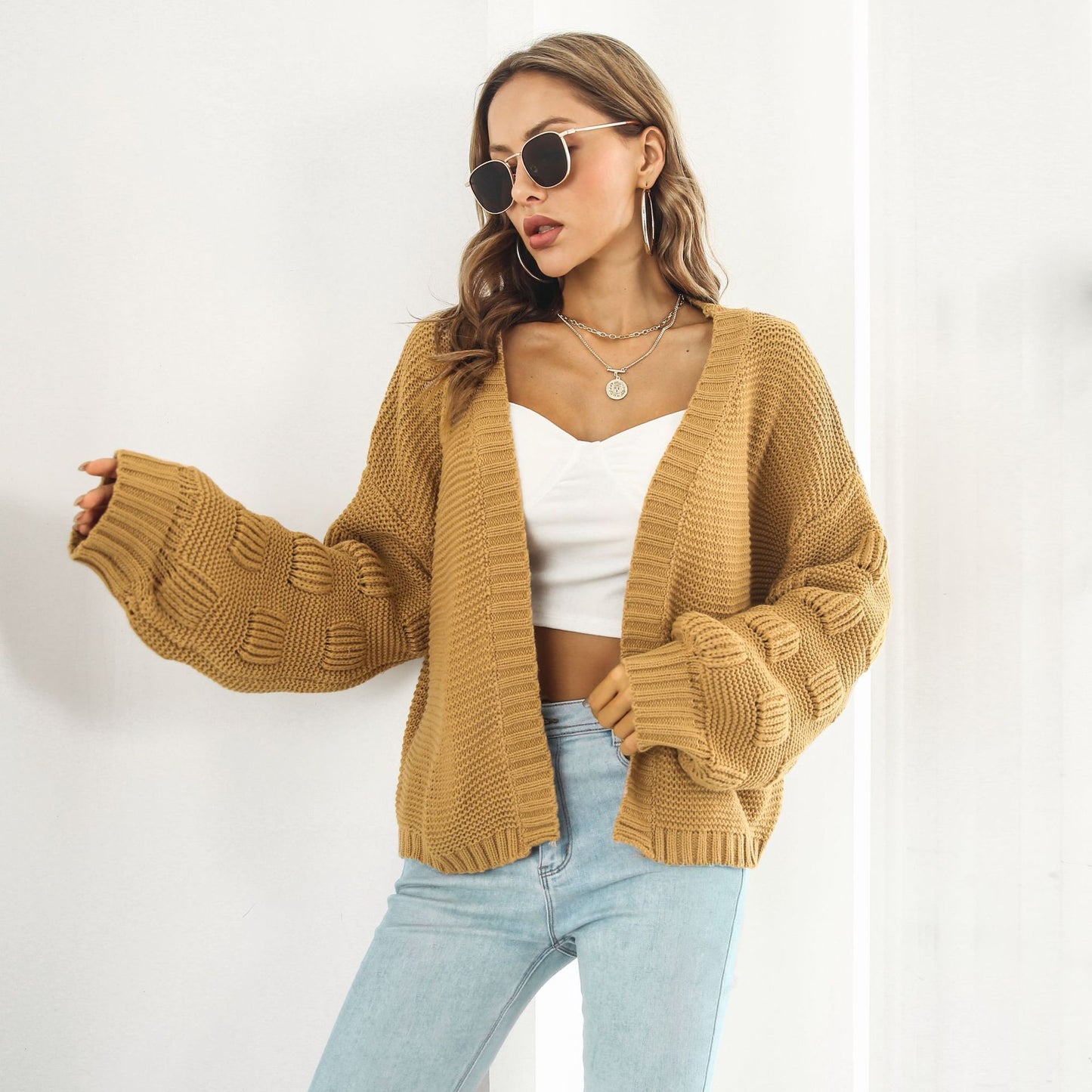 Women's Puff Sleeve Chunky Knit Cardigan Sweater