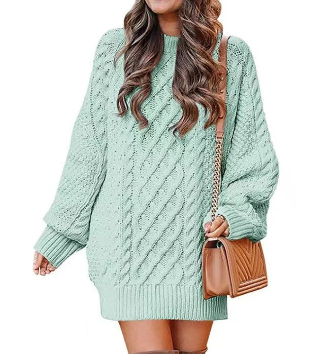 Women's Round Neck Long Sleeve Twisted Knit Mid-Length Sweater Dress