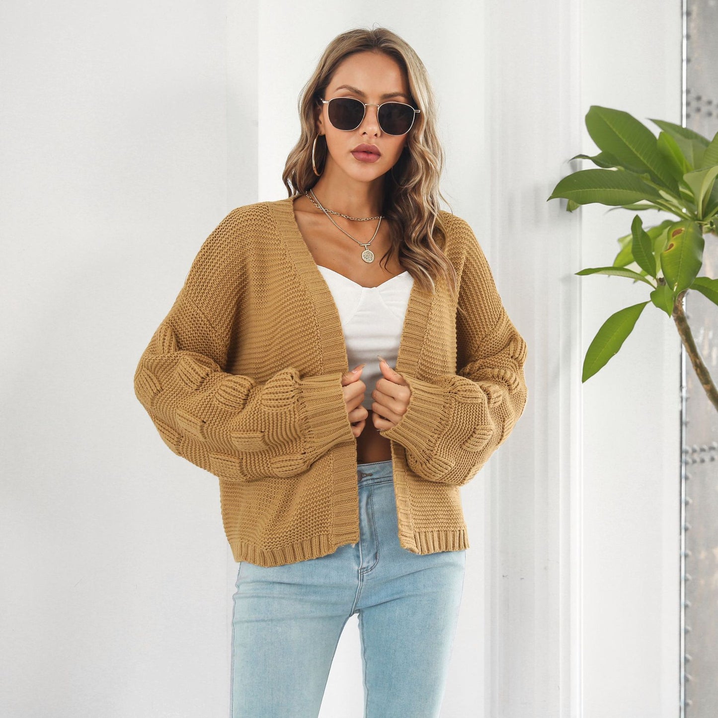 Women's Puff Sleeve Chunky Knit Cardigan Sweater